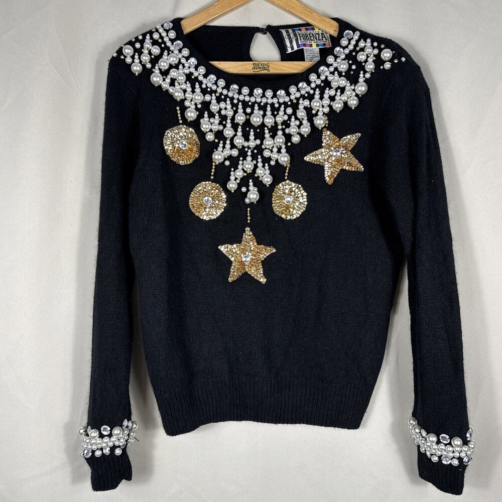 Forenza Vintage Black Silk Angora Pearl Sequin Star Embellished Sweater Med